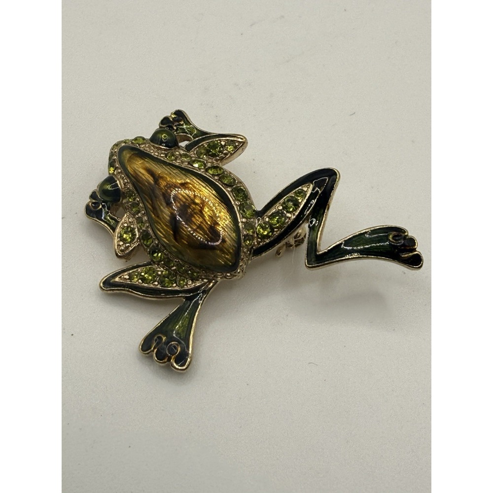Vintage Liz Claiborne Frog Brooch Pin Green Enamel Rhinestone Leaping Gold Tone